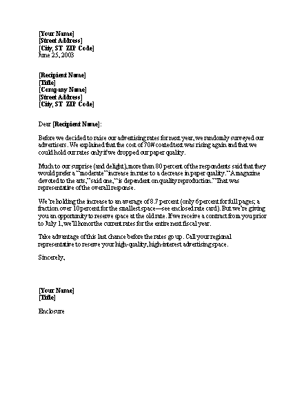 Sample Notice Of Rate Increase Letter Template | Professional Letters