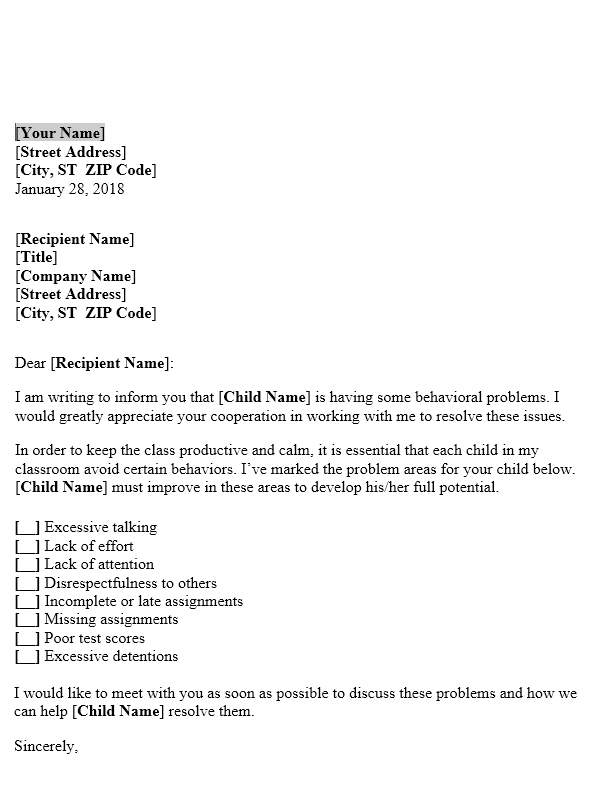 Behavior Letter To Parents From Teacher Template from freeletterstemplates.com