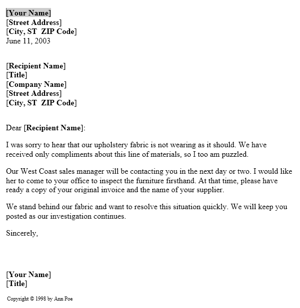 MS Word Notice of Product Complaint investigation Letter Template ...