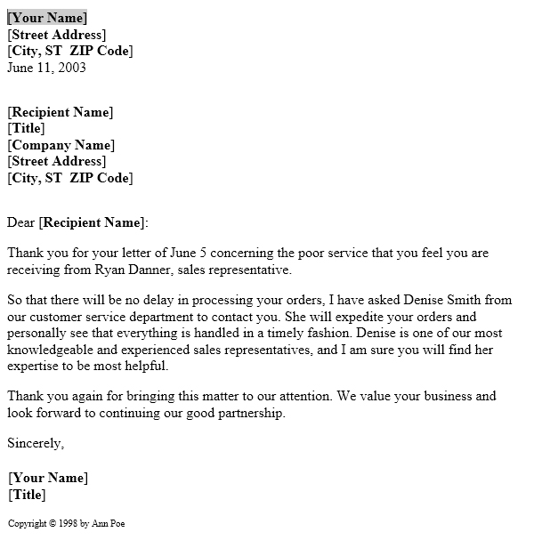 Service Complaint Resolution Letter Template Useful Letters Templates